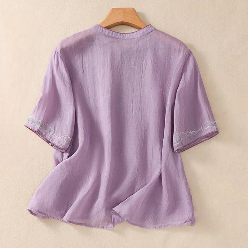 Buddha Stones Casual Retro Embroidery Frog-Button Design Women's Cotton Linen Half Sleeve Shirt