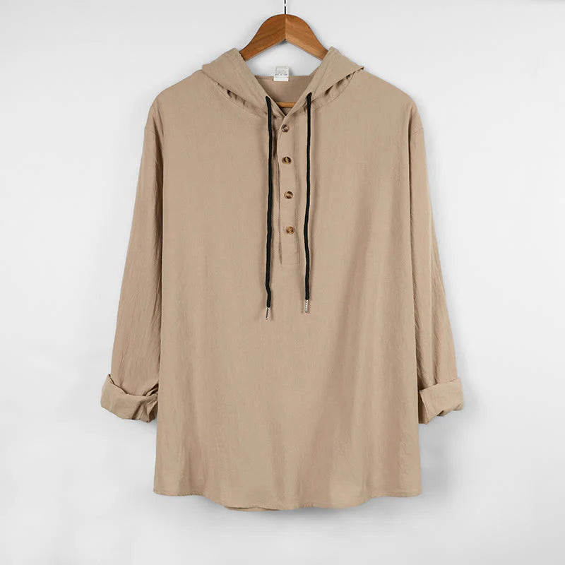 Buddha Stones Solid Color Fall Half Buttons Men's Hooded Long Sleeve Cotton Shirt