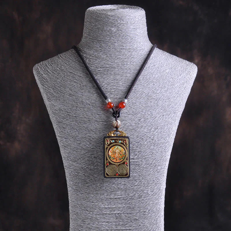 Buddha Stones Thangka Yin Yang Copper Coins Ebony Wood Zakiram Balance Pendant Necklace