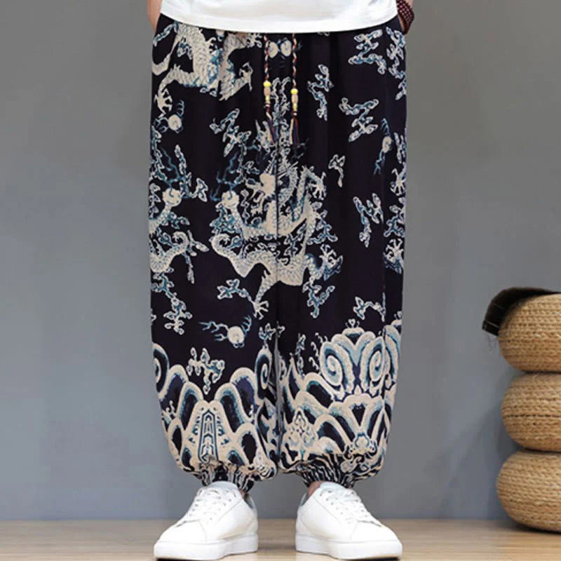 Buddha Stones Summer Dragon Drawstring Design Cotton Linen Men's Harem Pants With Pockets