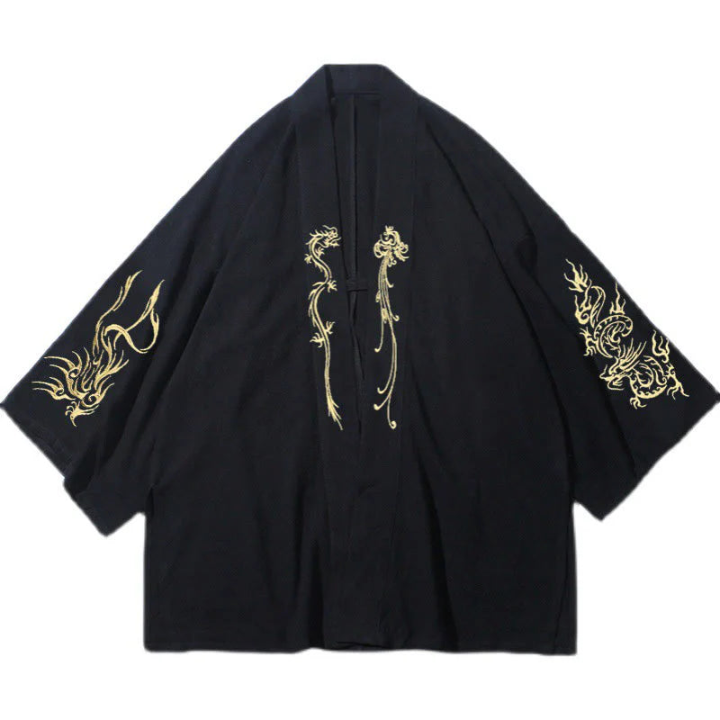 Buddha Stones Dragon Phoenix Open Front Long Sleeve Jacket Men's Cotton Kimono