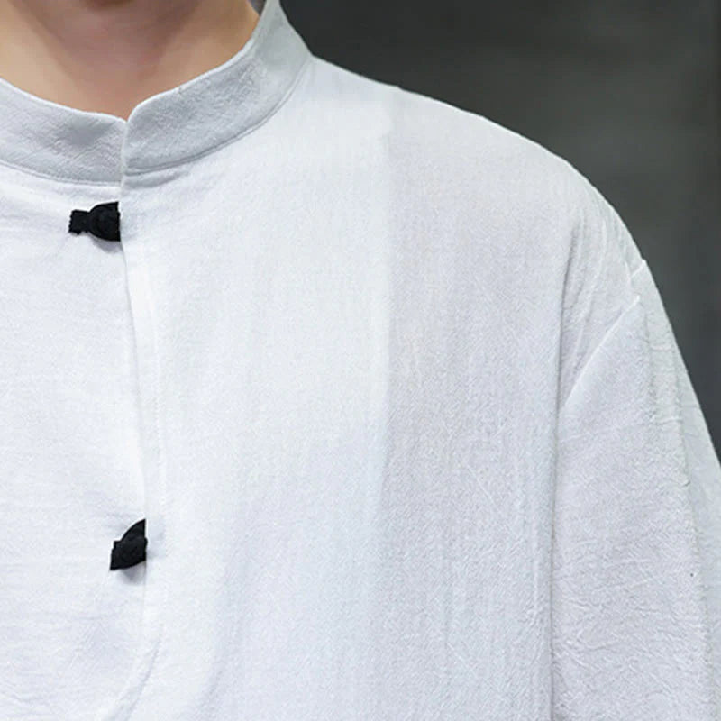 Buddha Stones Plain Chinese Frog-Button Stand Collar Cotton Linen Men's Half Sleeve Shirt