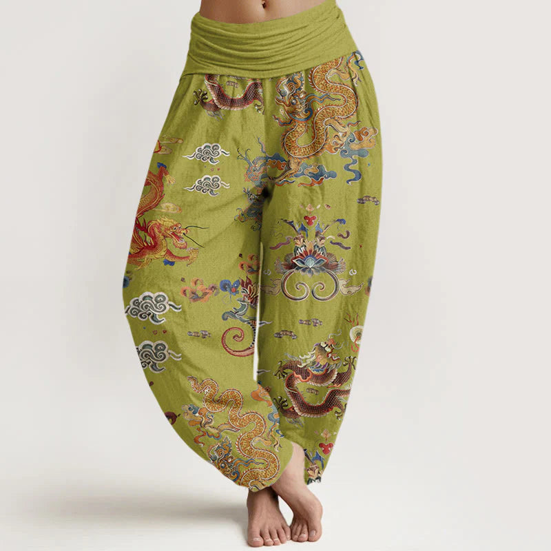 Buddha Stones Cotton Golden Dragons Auspicious Clouds Design Women's Elastic Waist Harem Pants