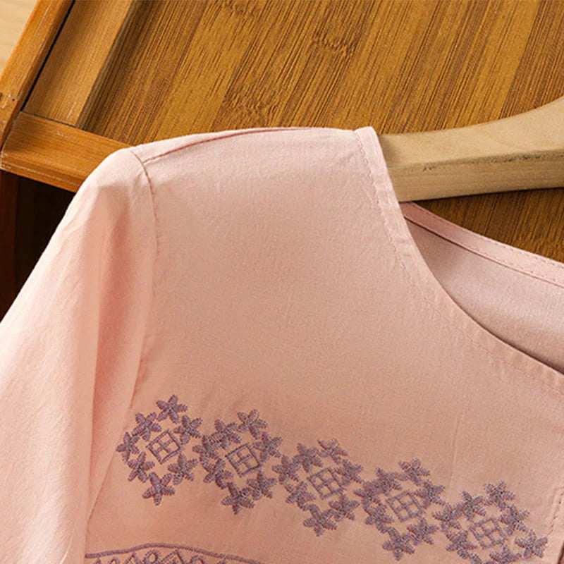 Buddha Stones Embroidery Pleated Buttons Long Lantern Sleeve Women's Cotton Shirt