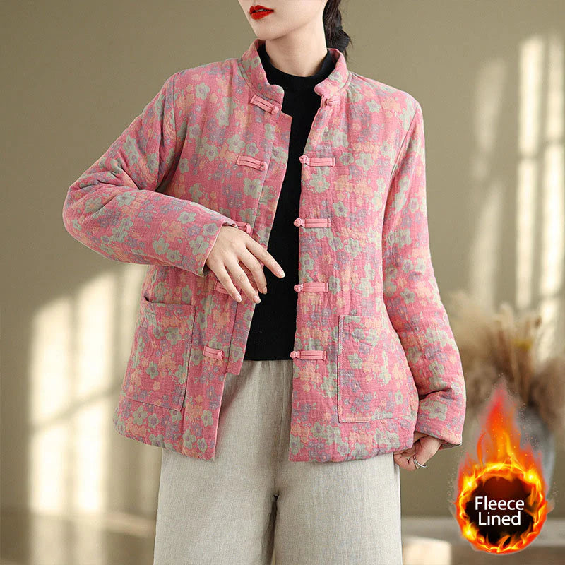 Buddha Stones Women's Winter Thicken Cotton Floral Pattern Long Sleeve Jacket With Pockets