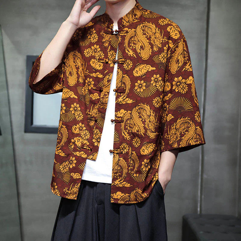 Buddha Stones Spring Frog-Button Dragon Mountain Flower Three Quarter Sleeve Tang Suit Men's Shirt With Pockets
