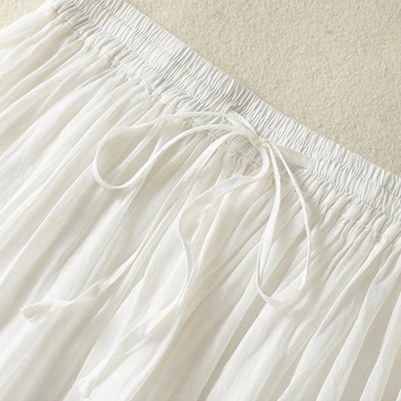 Buddha Stones Summer Plain Drawstring Lace Patchwork Design Women's Cotton Linen 7-8 Length Skirt