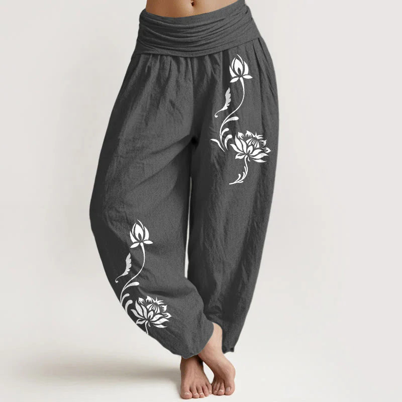 Buddha Stones Cotton Stable Lotus Petals Pattern Women's Elastic Waist Harem Pants