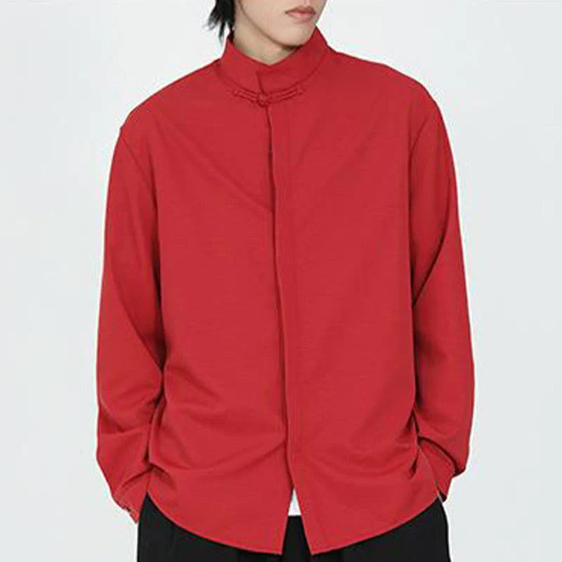 Buddha Stones Solid Color One Frog-Button Long Sleeve Cotton Men's Shirt