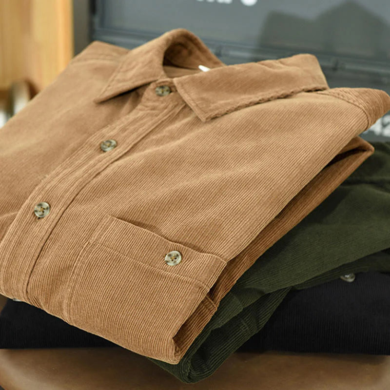 Buddha Stones Fall Decorative Pocket Buttons Down Stand Collar Long Sleeve Men's Cotton Corduroy Shirt