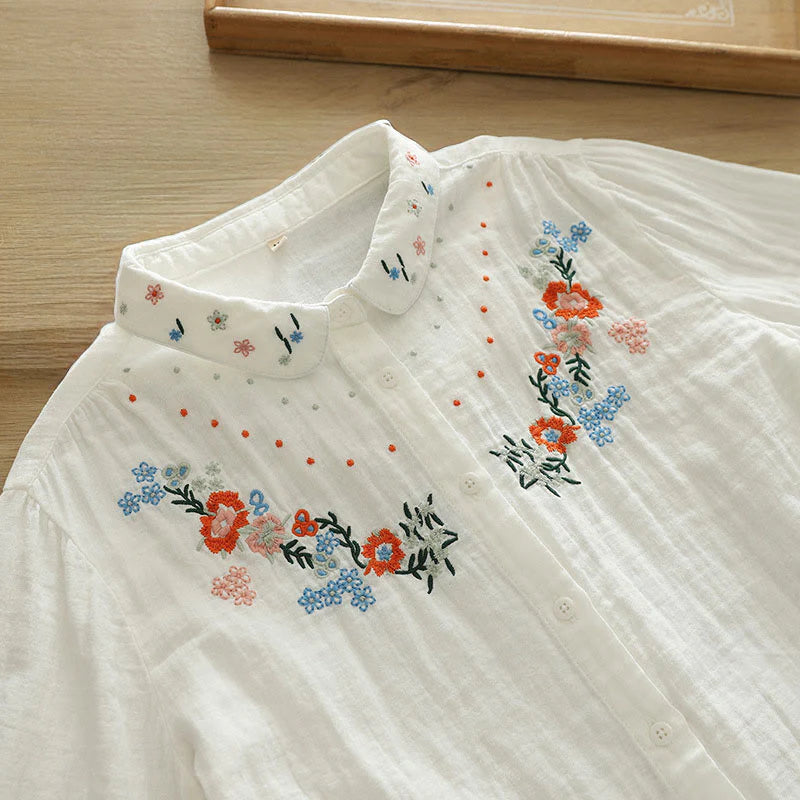 Buddha Stones Fall White Colorful Floral Embroidery Buttons Women's Cotton Long Sleeve Shirt