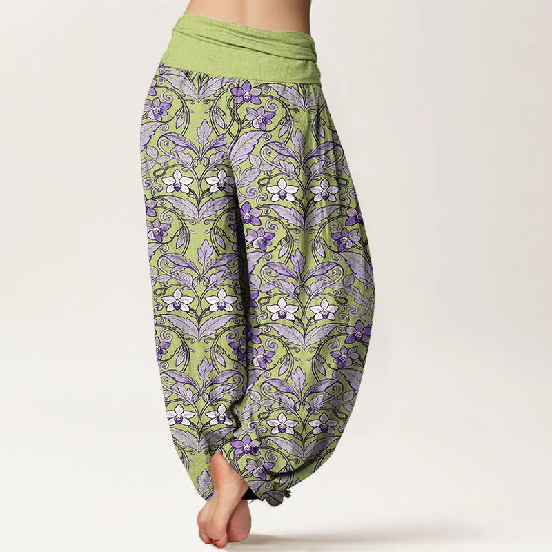 Buddha Stones Cotton Star Shaped Flowers Leaves Pattern Women's Elastic Waist Harem Pants
