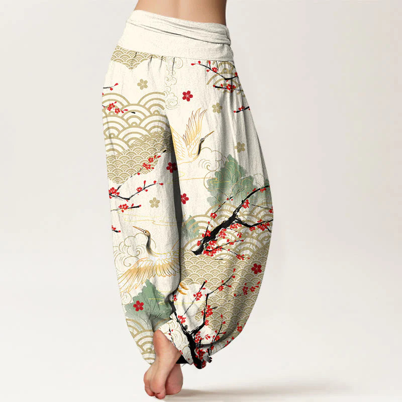 Buddha Stones Print Crane Auspicious Clouds Flowers Pattern Women's Elastic Waist Harem Cotton Pants