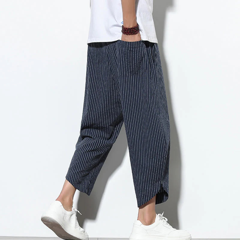 Buddha Stones Summer Stripes Pattern Drawstring Cotton Linen Men's 7-8 Length Harem Pants With Pockets