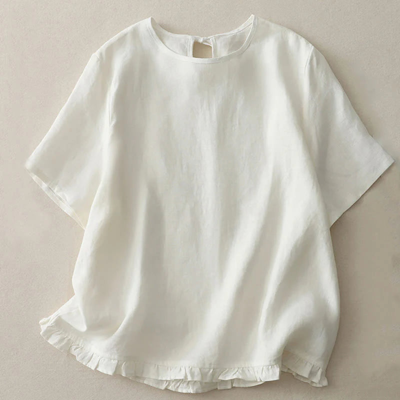 Buddha Stones Casual Plain Ruffled Hem Crew Neck Tie Women's Polyester T-shirt