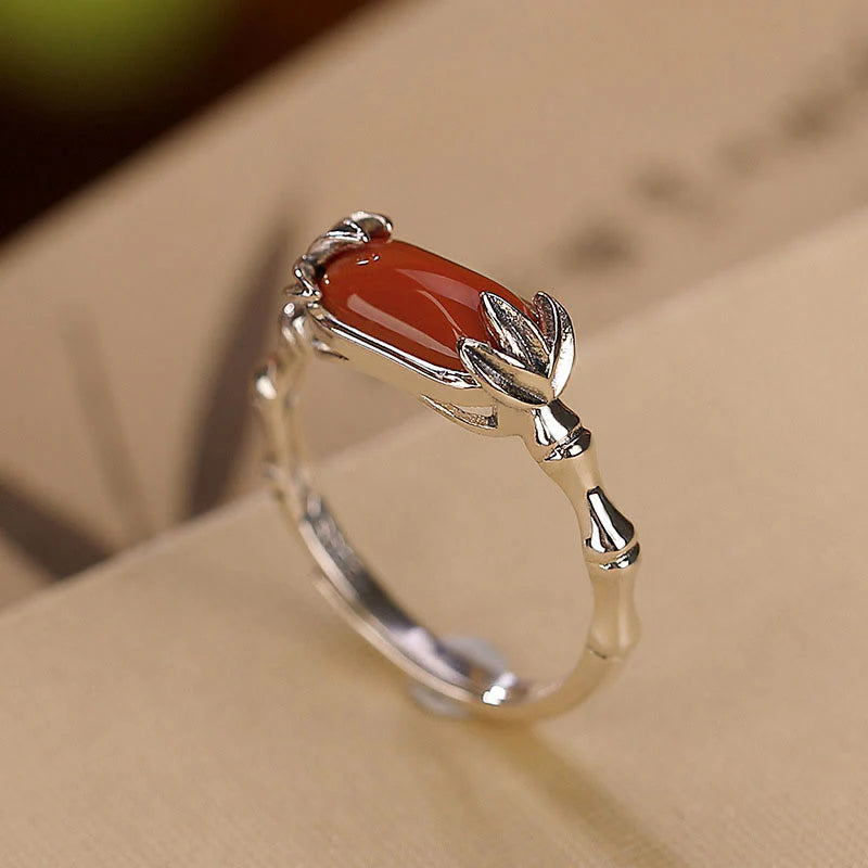 Buddha Stones 925 Sterling Silver Red Agate Bamboo Pattern Calm Bracelet Ring Jewelry Set (Extra 30% Off | USE CODE: FS30)