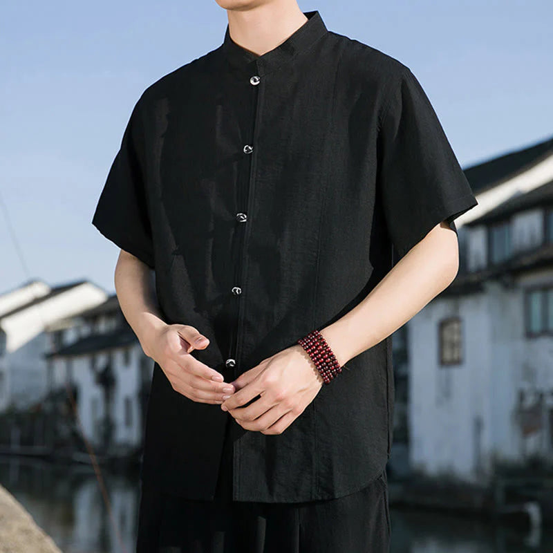 Buddha Stones Summer Solid Color Front Button Design Men's Half Sleeve Cotton Shirt