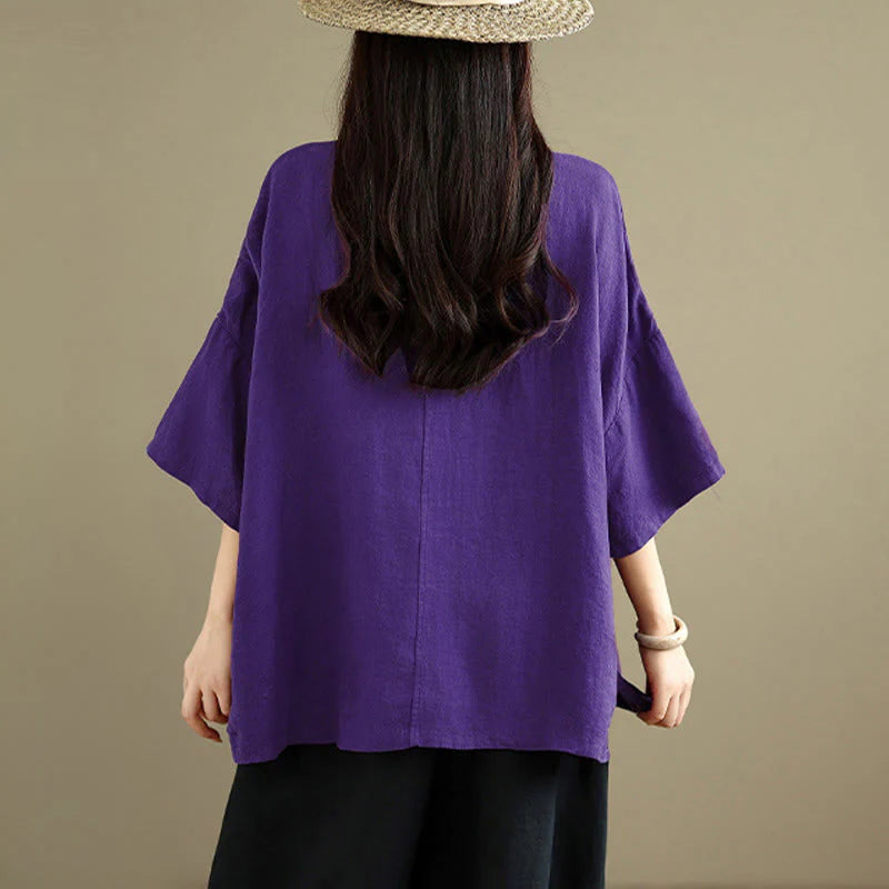 Buddha Stones Spring V-Neck Frog-Button Long Sleeve Plain Women's Cotton Shirt