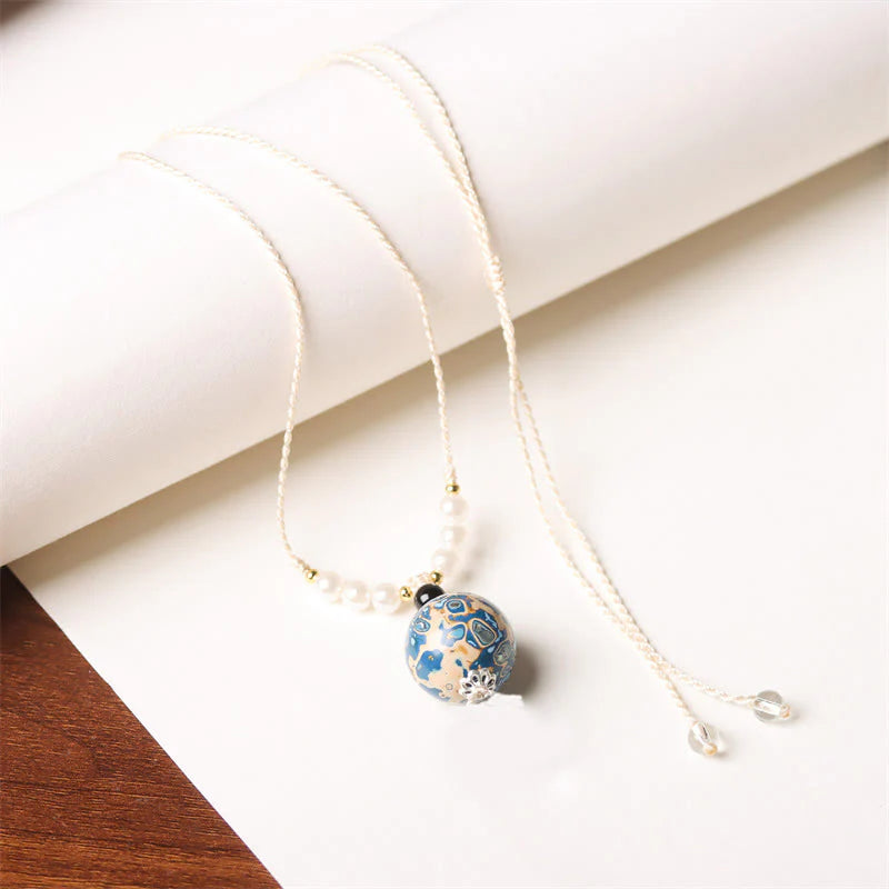 Buddha Stones Ebony Wood Aurora Lacquer Craft Bead Pearl Balance Necklace Pendant