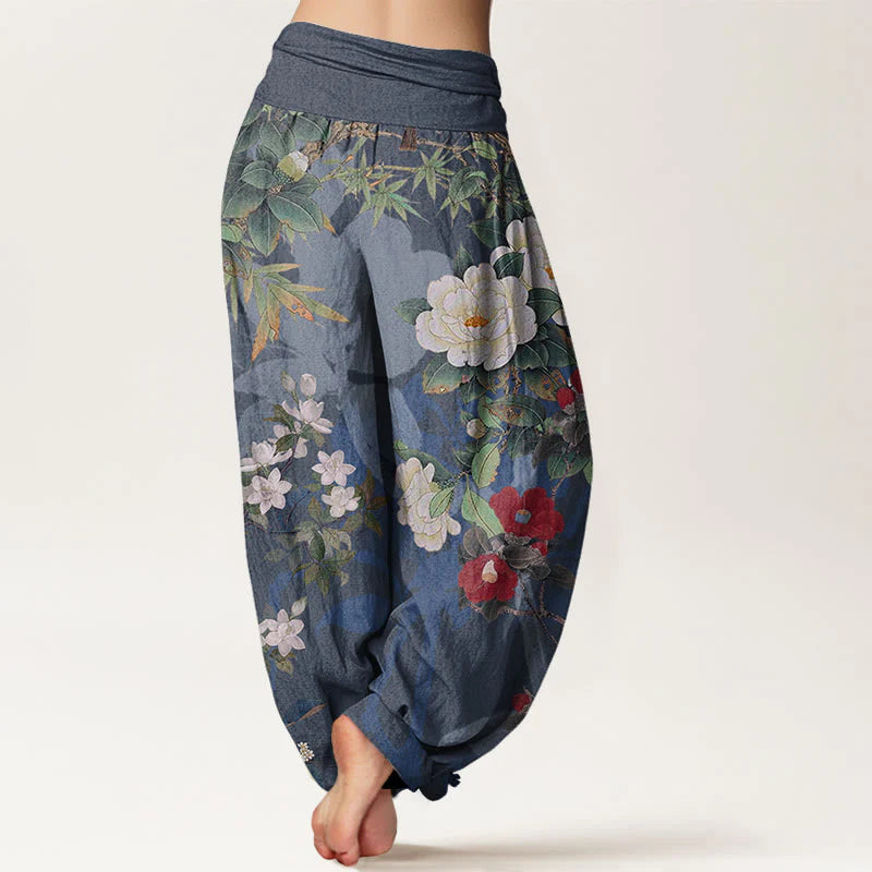 Buddha Stones Cotton Casual Peony Flowers Leaves Magpie Women's Elastic Waist Harem Pants