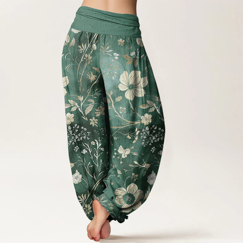 Buddha Stones Cotton White Flowers Winding Vines Pattern Design Women's Elastic Waist Harem Pants
