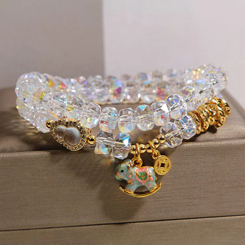 Buddha Stones Chinese Zodiac Year Of The Horse Crystal Glass Copper Coin Gourd Double Wrap Bracelet