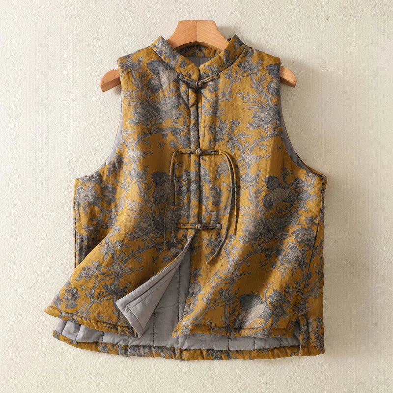 Buddha Stones Crane Flowers Branches Frog-Button Pattern Cotton Women's Sleeveless Vest Waistcoat