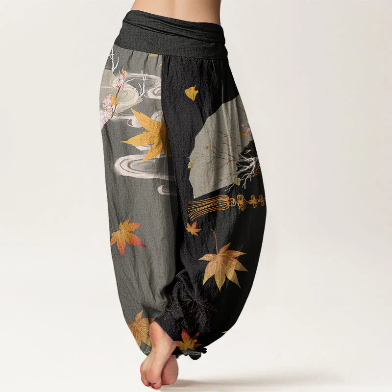Buddha Stones Cotton Casual Folding Fan Flowers Maple Leaves Cloud Pattern Women's Elastic Waist Harem Pants