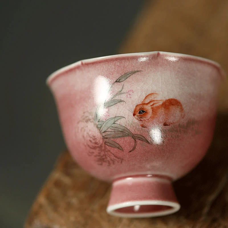 Buddha Stones Hand-painted Rabbit Orchid Flower Begonia Ceramic Teacup Kung Fu Tea Cup 75ml