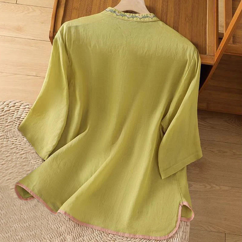 Buddha Stones Casual Ethnic Style Embroidery Flower Pattern Frog-Button Stand Collar Women's Cotton Linen Shirt
