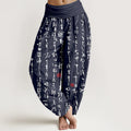 Buddha Stones Print Calligraphic Style Pattern Pure Cotton Women's Elastic Waist Harem Pants