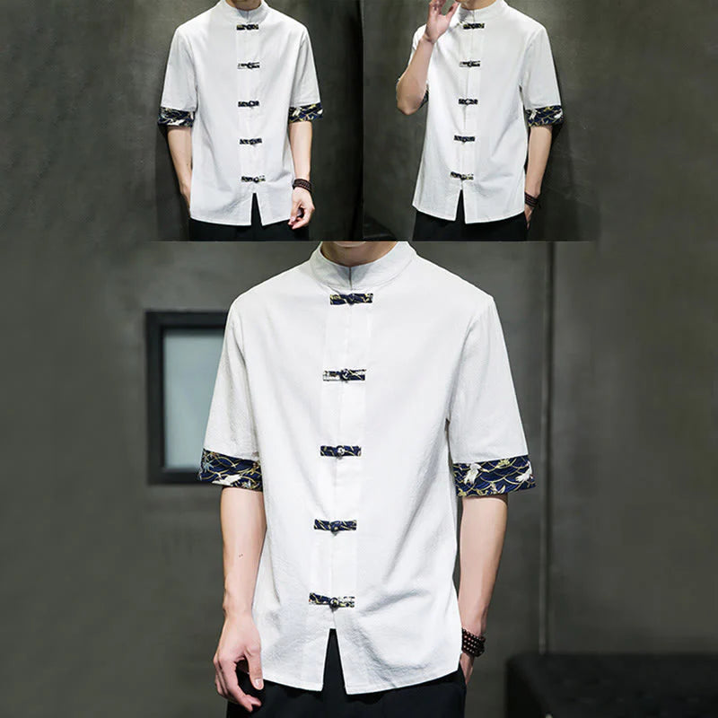 Buddha Stones Solid Color Frog-Button Stand Collar Men's Short Sleeve White Crane Cotton Shirt