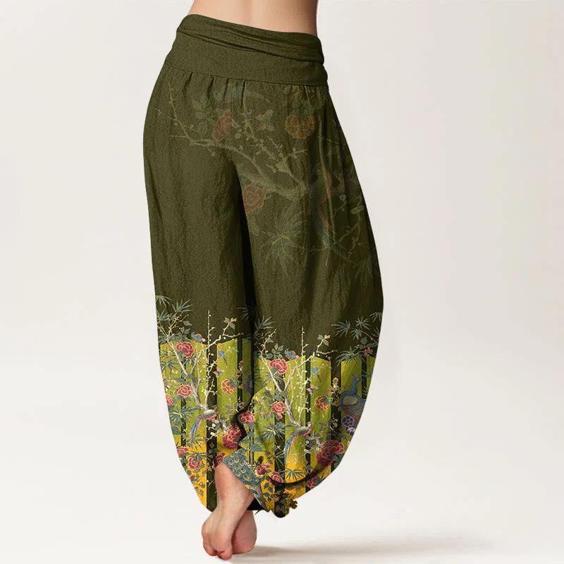 Buddha Stones Cotton Gorgeous Peacock Flower Pattern Women's Elastic Waist Harem Pants