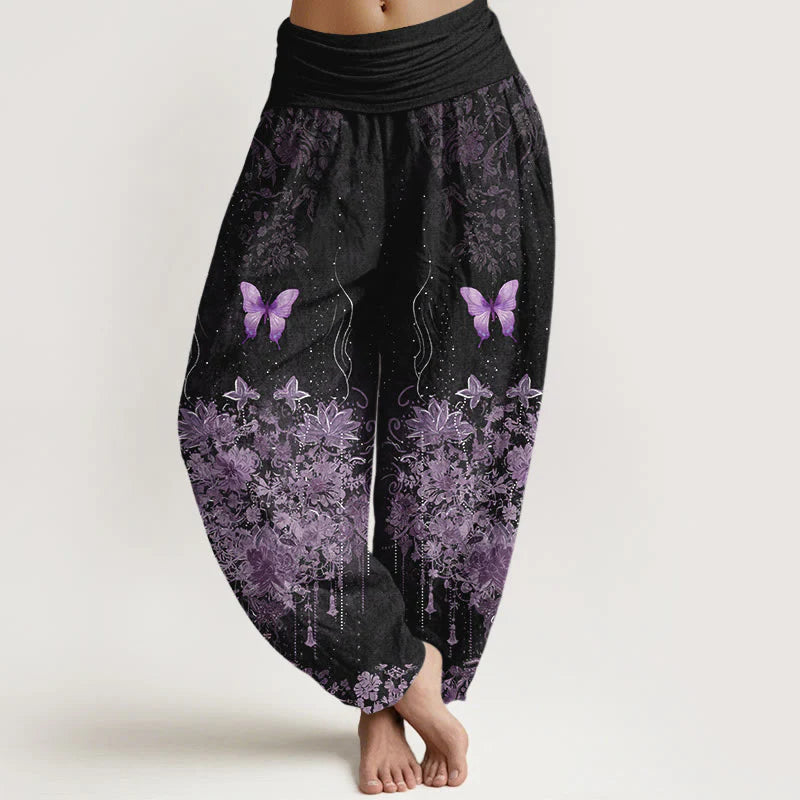 Buddha Stones Cotton Butterfly Floral Pattern Women's Elastic Waist Harem Pants