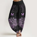 Buddha Stones Cotton Butterfly Floral Pattern Women's Elastic Waist Harem Pants