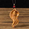 Buddha Stones Guanyin Kwan Yin Avalokiteśvara Lotus Leaf Platycladus Orientalis Wood Wealth Necklace Pendant