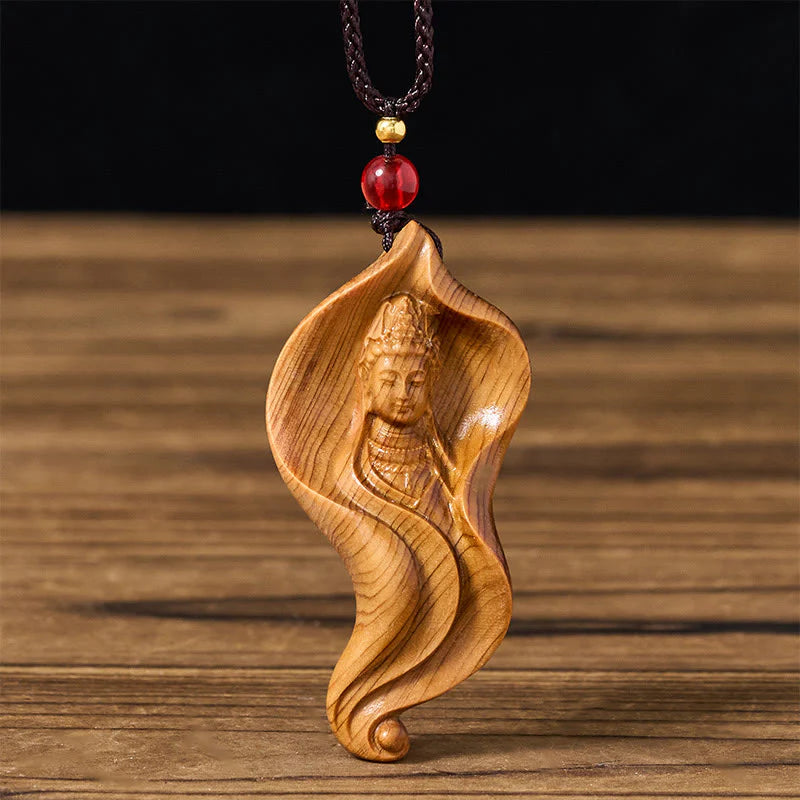 Buddha Stones Guanyin Kwan Yin Avalokiteśvara Lotus Leaf Platycladus Orientalis Wood Wealth Necklace Pendant