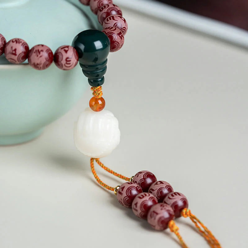 Buddha Stones Red Bodhi Seed Om Mani Padme Hum Lotus Engraved Harmony Bracelet (Extra 30% Off | USE CODE: FS30)