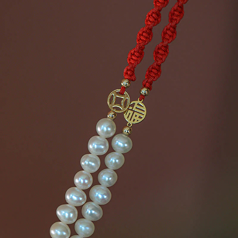 Buddha Stones 14K Gold Plated Pearl Bead Luck Protection Braid Red String Bracelet