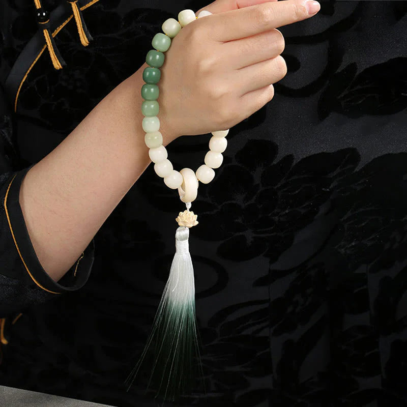 Buddha Stones Natural Gradient Bodhi Seed Fortune Money Bag Lotus Wisdom Tassel Wrist Mala
