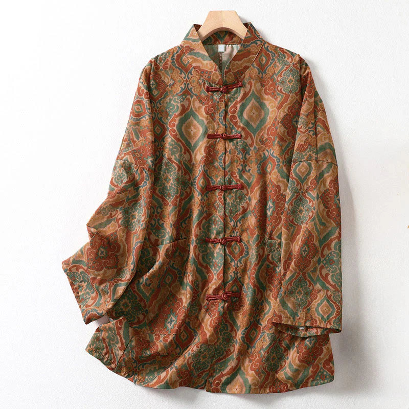 Buddha Stones Printing Chinese Frog-Button Long Sleeve Stand Collar Women's Shirt With Pockets
