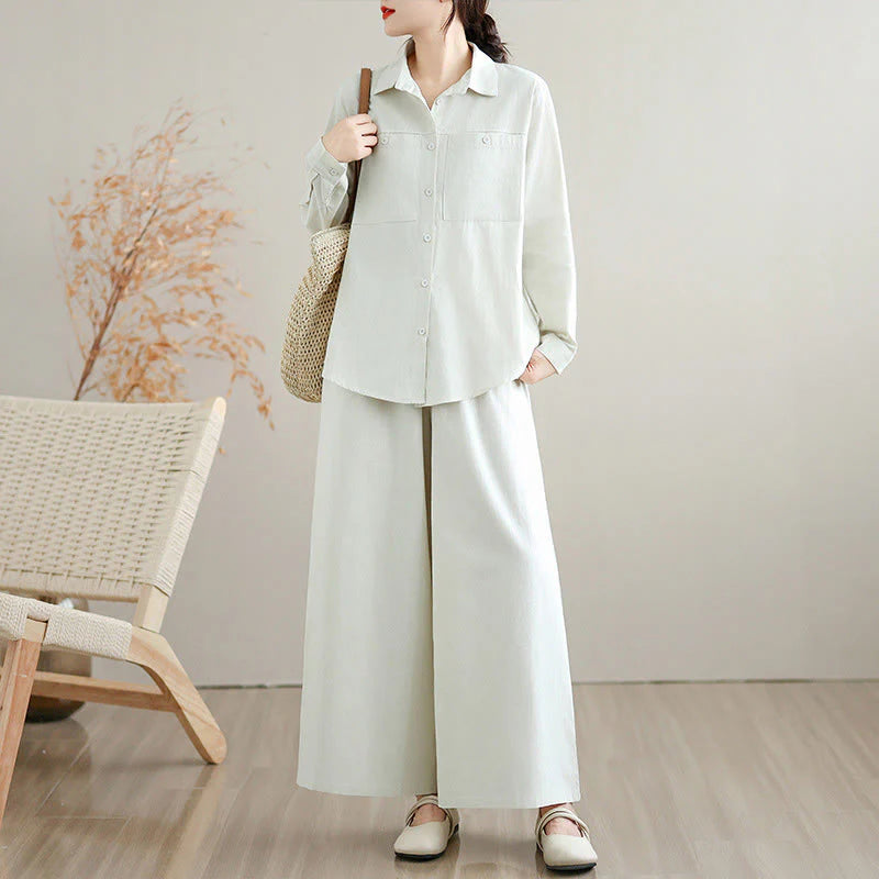 Buddha Stones 2Pcs Fall Solid Color Cotton Buttons Down Long Sleeve Shirt Ankle-Length Wide Leg Pants Women's Set With Pockets