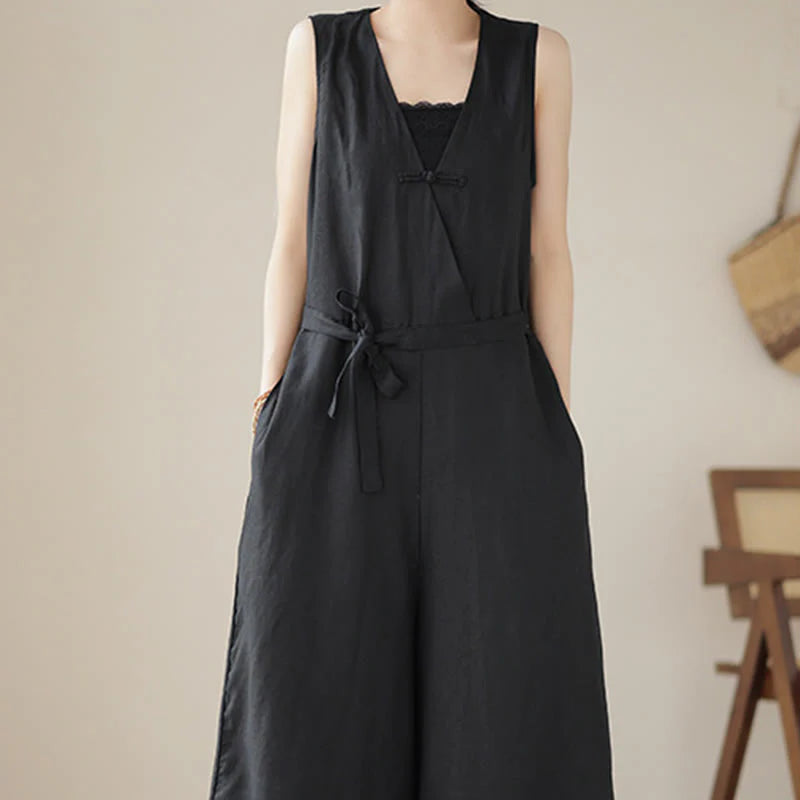 Buddha Stones Casual Lace-Up Simple Sleeveless Design Women's Cotton Linen Jumpsuit With Pockets