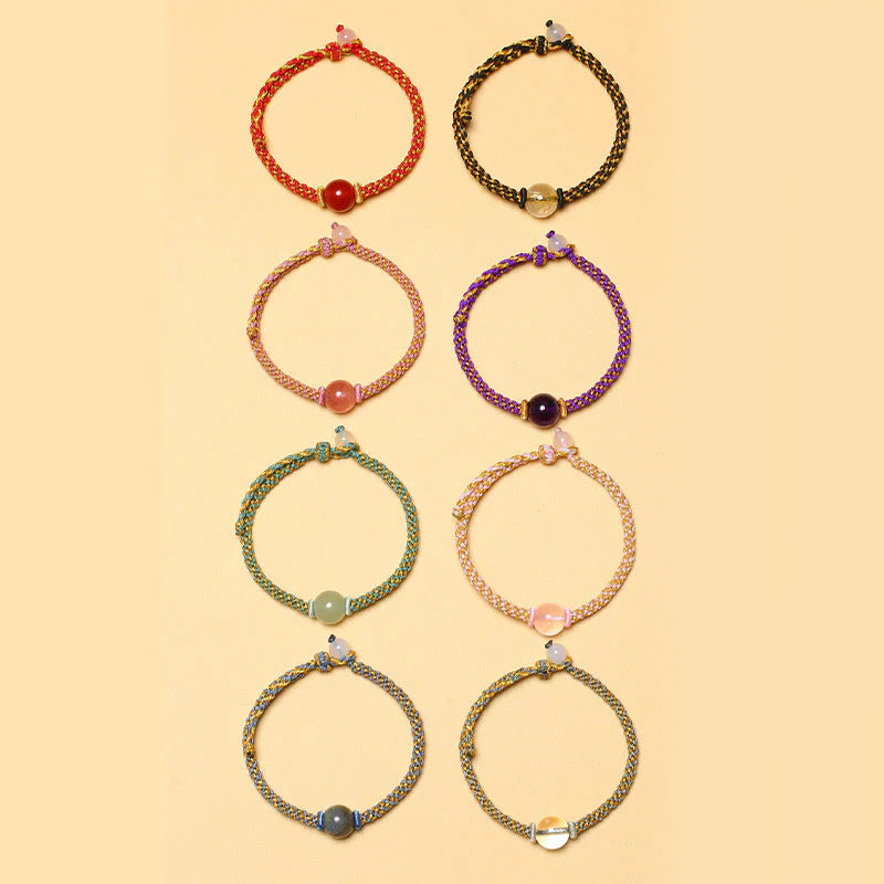 Buddha Stones Handmade Red Agate Amethyst Golden Rutilated Quartz Pink Crystal Bead Calm Braided Bracelet