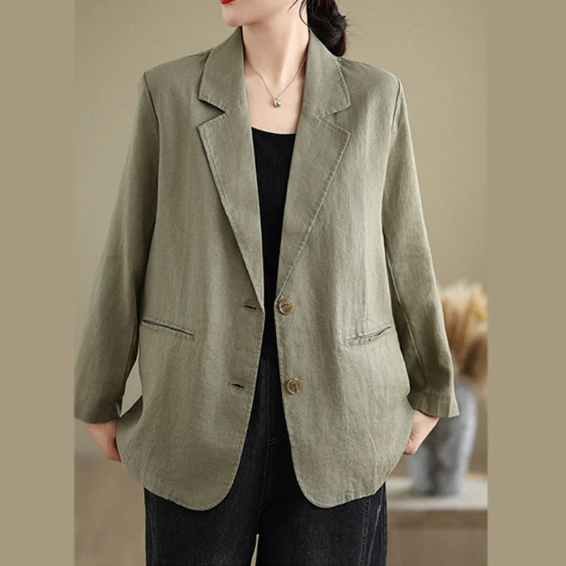 Buddha Stones Spring Solid Color Long Sleeve Cotton Linen Women's Jacket With Pockets