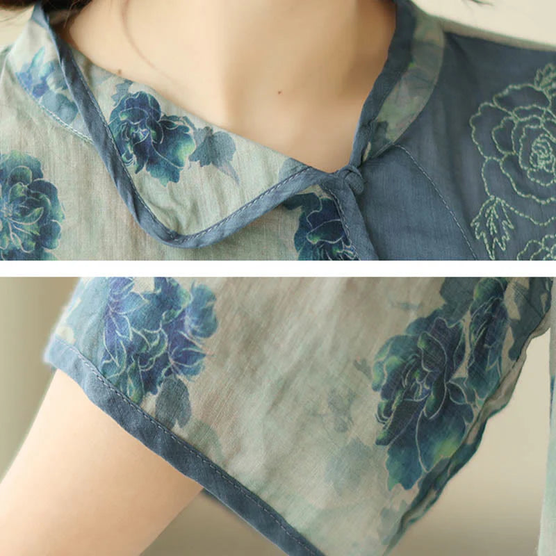 Buddha Stones PLUS SIZE Blue Jacaranda Flower Design Three Quarter Sleeve Ramie Linen Shirt