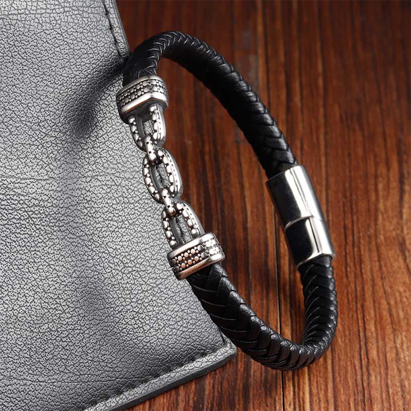 Buddha Stones Handmade Chain Link Design Titanium Steel Leather Strengthen Bracelet