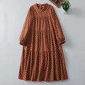 Buddha Stones Spring Dot Pattern Ruffle Crew Neck Long Sleeve Cotton Linen Midi Dress With Pockets
