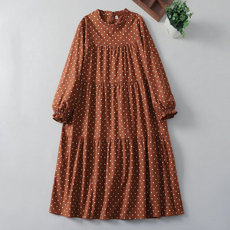 Buddha Stones Spring Dot Pattern Ruffle Crew Neck Long Sleeve Cotton Linen Midi Dress With Pockets
