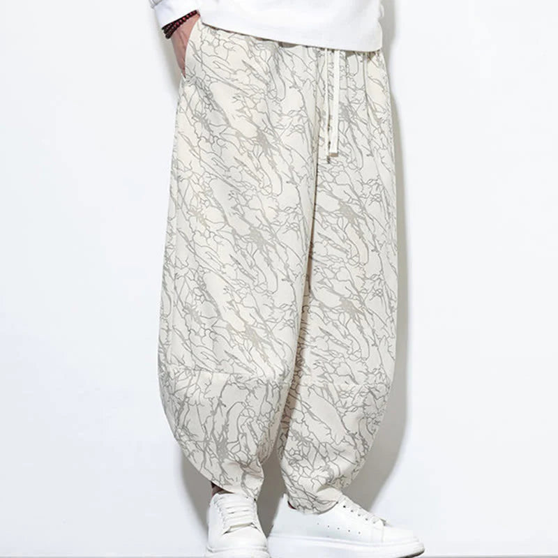 Buddha Stones Fall Textured Lines Print Cotton Elastic Waist Ankle-Length Men's Harem Pants With Pockets